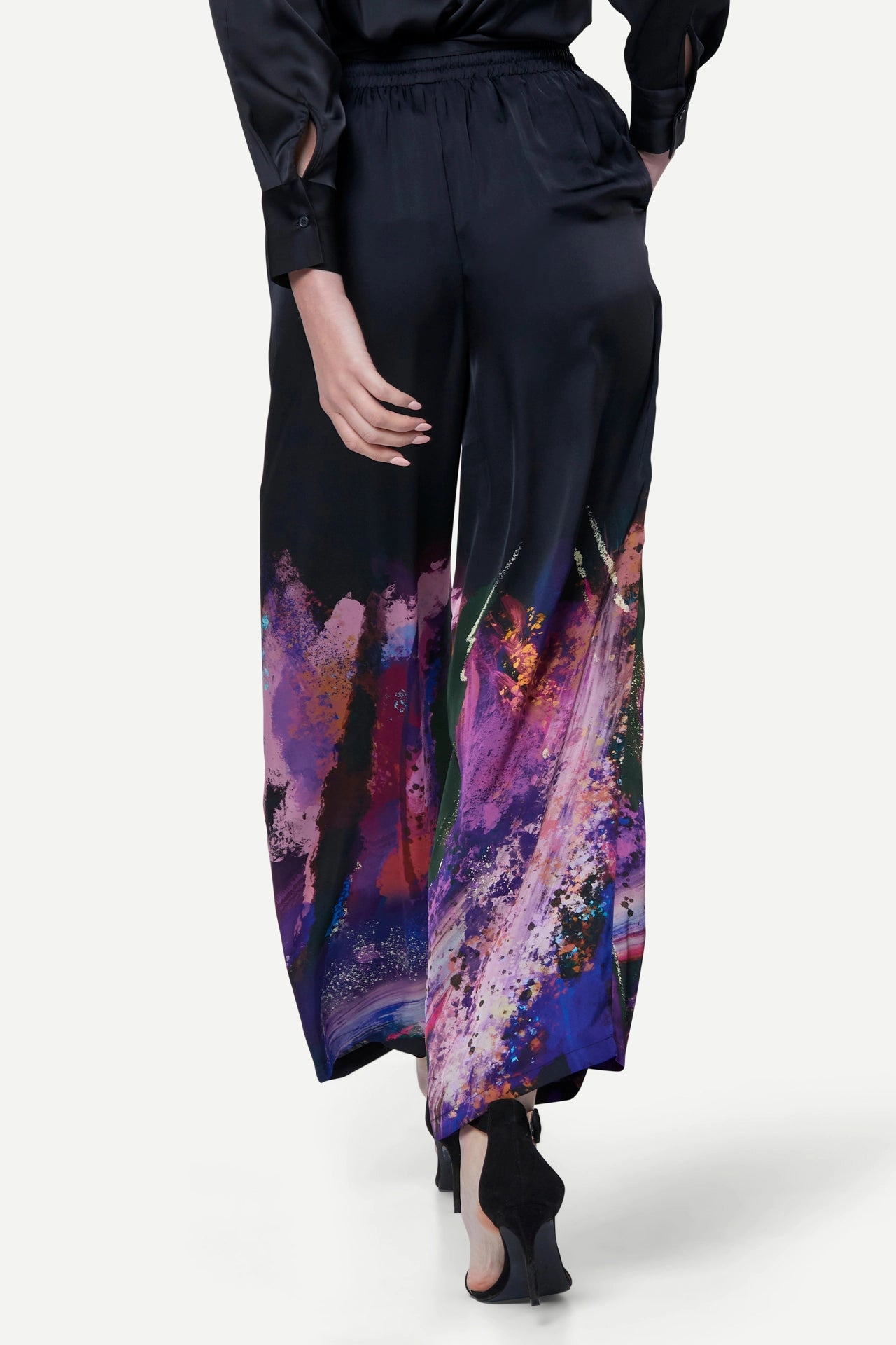 Zafur's Mayfair Satin Trousers in Brushstroke Print