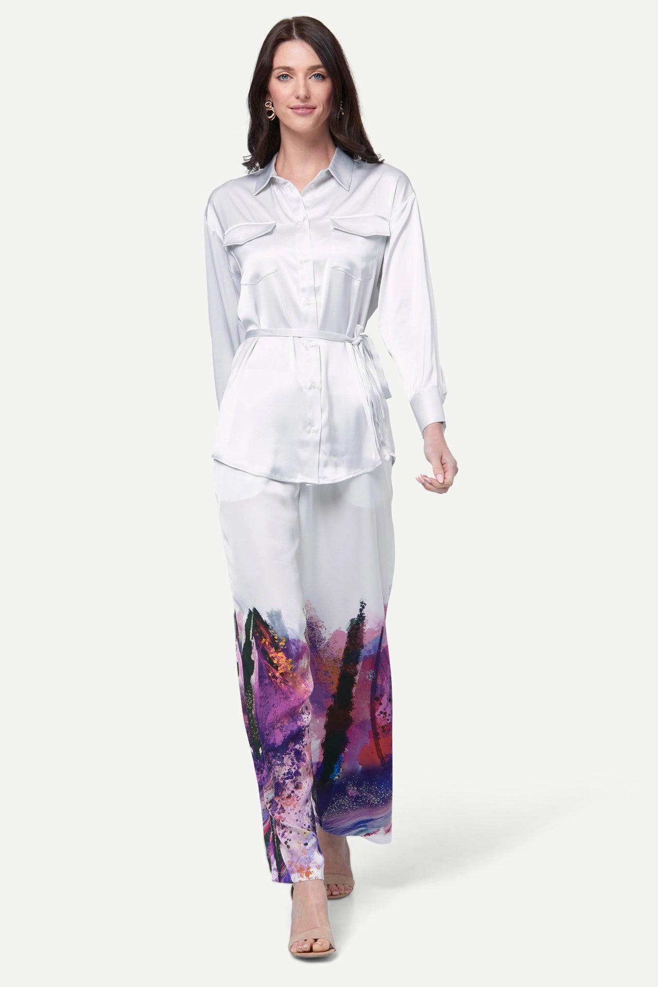 Zafur's Mayfair Satin Trousers in Brushstroke Print