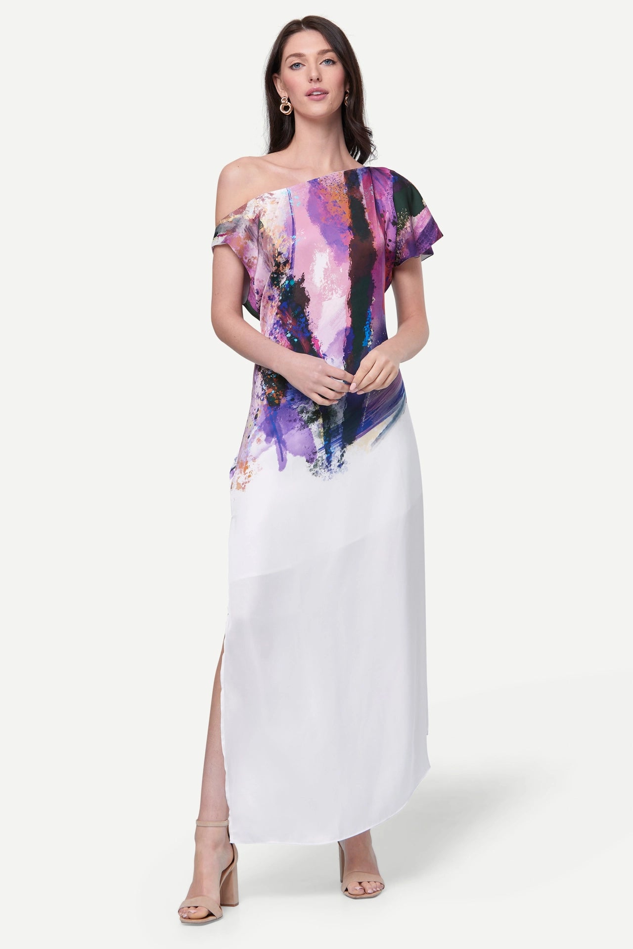 Zafur Shannen Off the Shoulder Dress in Brushstroke Print