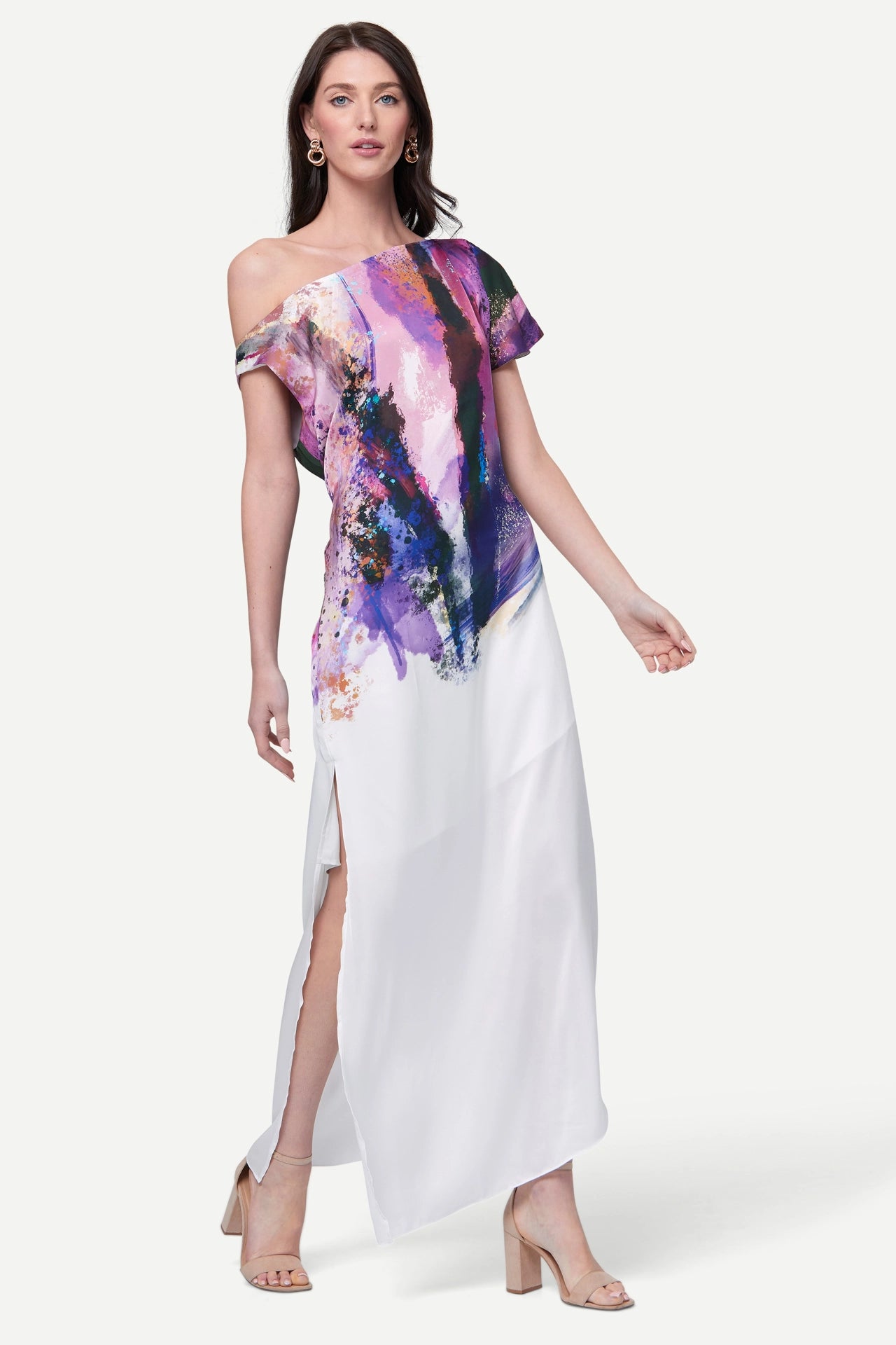 Zafur Shannen Off the Shoulder Dress in Brushstroke Print