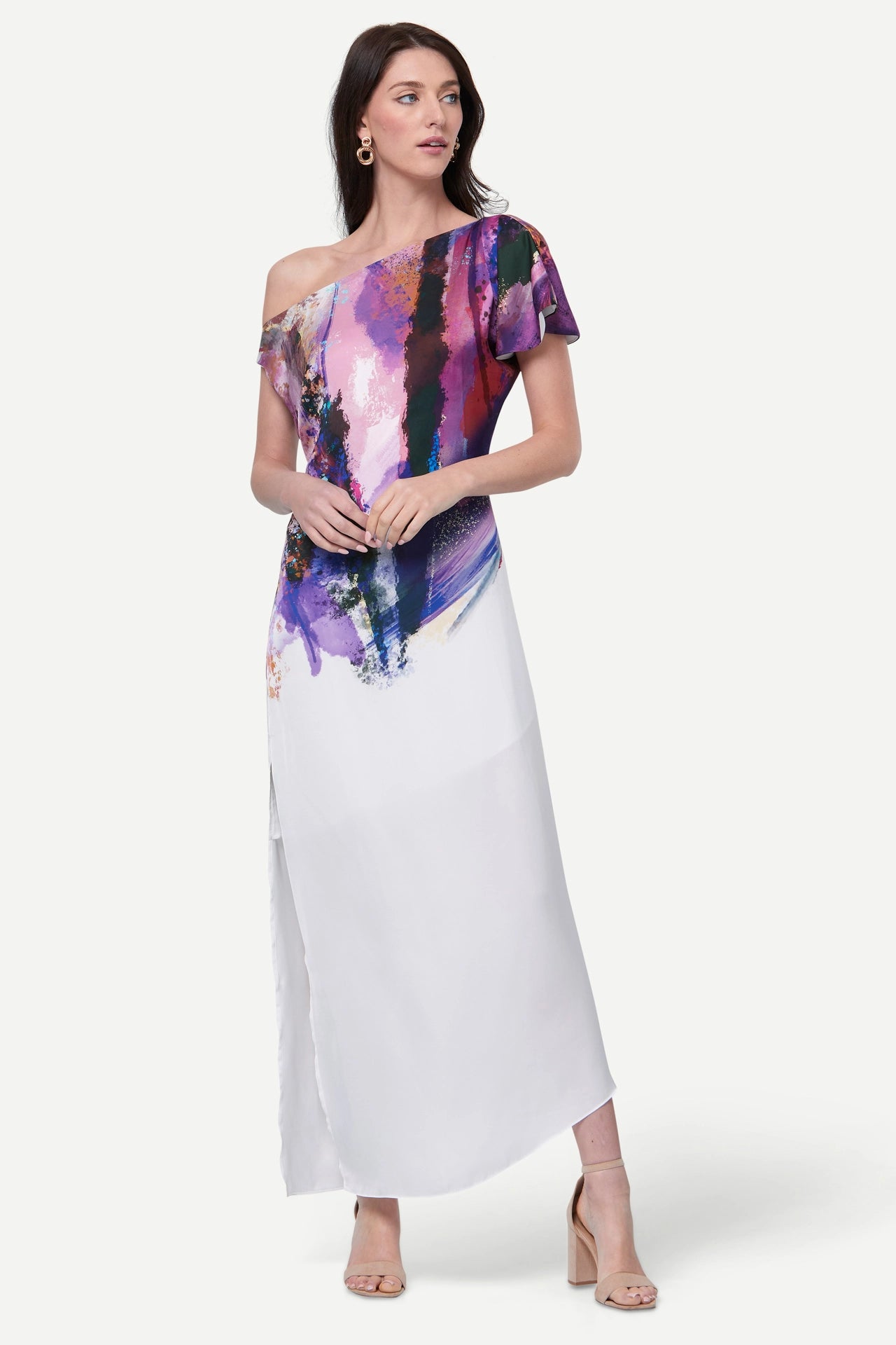 Zafur Shannen Off the Shoulder Dress in Brushstroke Print