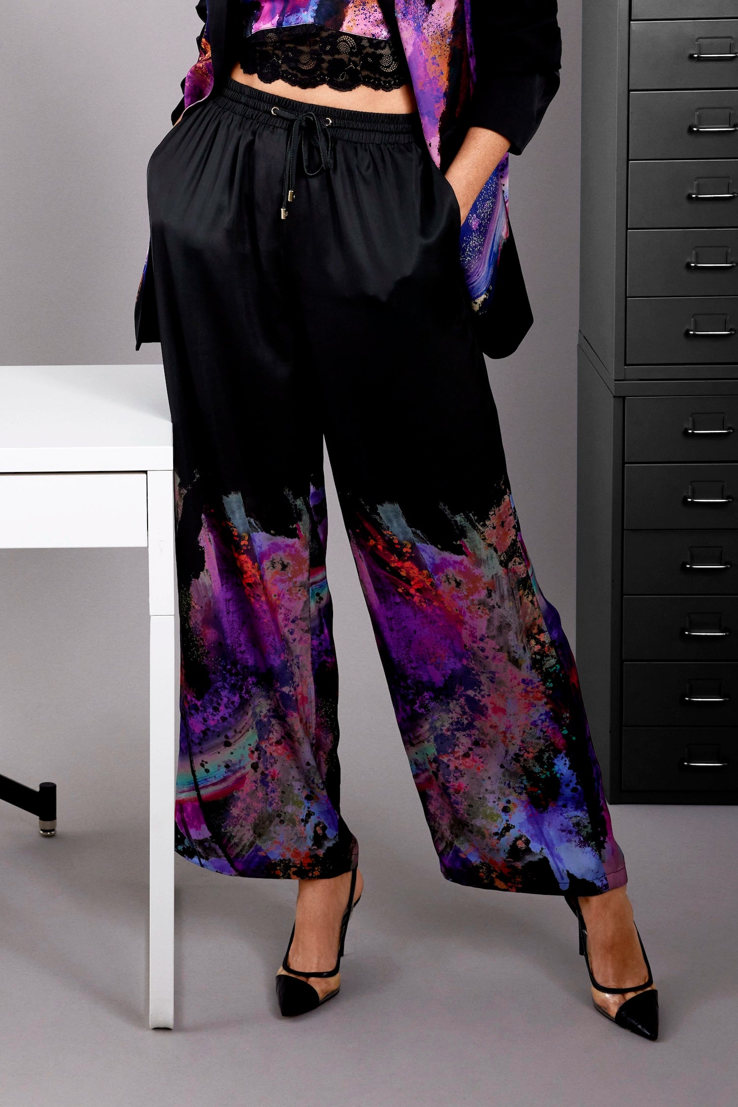 Zafur's Mayfair Satin Trousers in Brushstroke Print