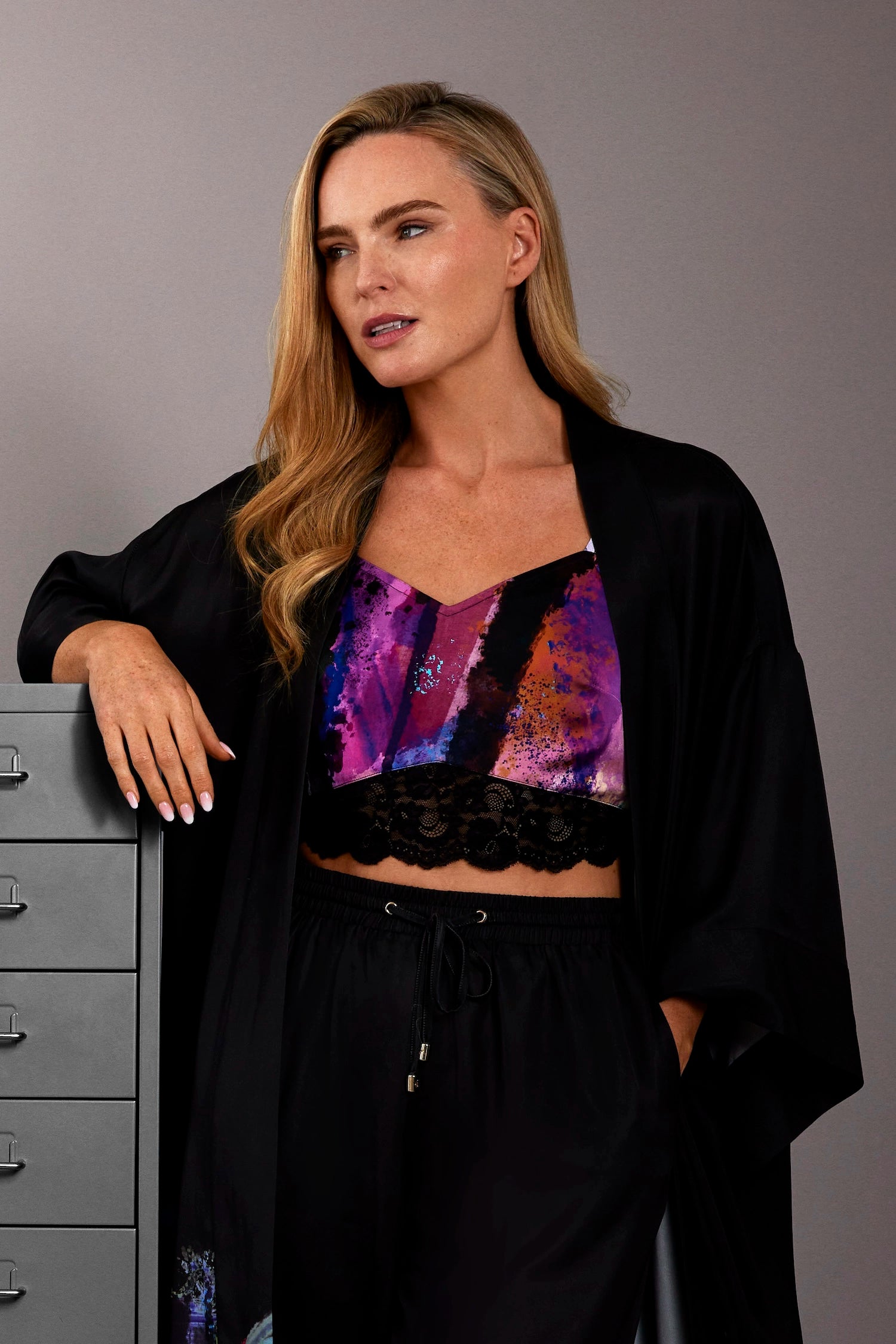 Zafur Satin Bralette Cami Crop Top in Brushstroke Print