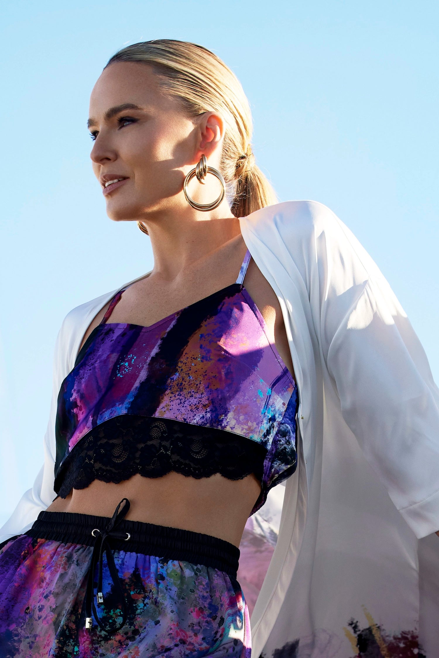 Zafur Satin Bralette Cami Crop Top in Brushstroke Print