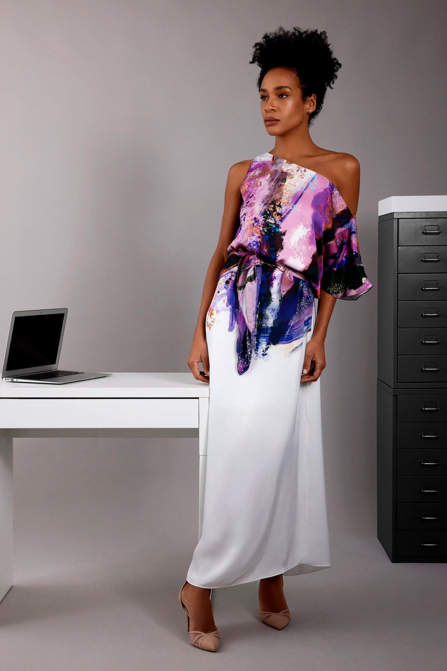 Zafur Shannen Off the Shoulder Dress in Brushstroke Print